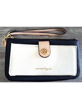 Nanette Lepore Tri-Color Pebbled Faux Leather Wristlet Wallet Black White Pink